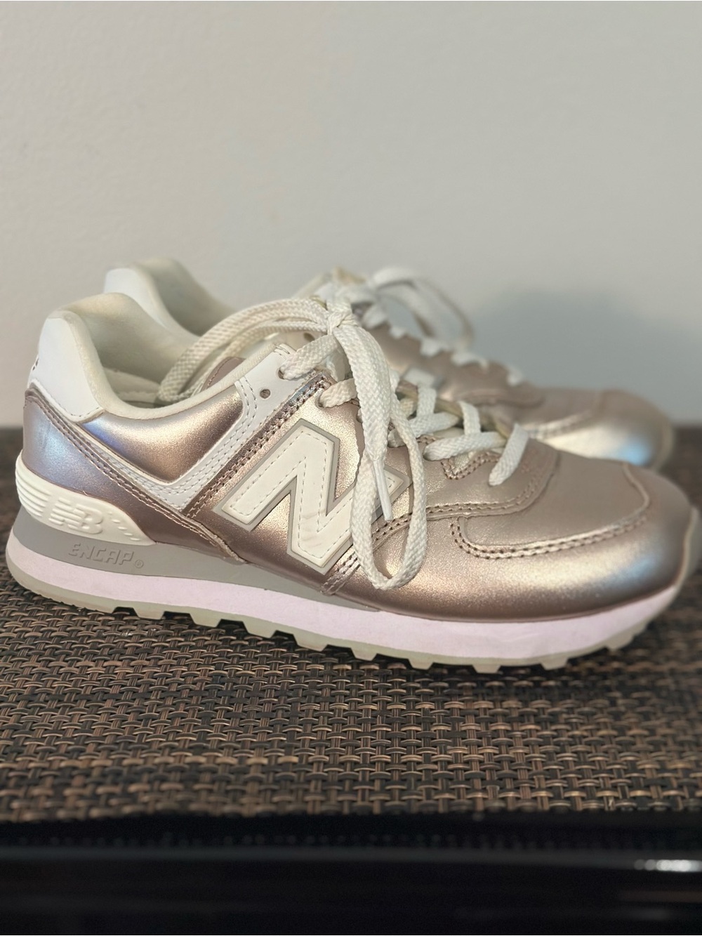 New Balance 574 Metallic Rose Gold Sneakers - Women's Size 6.5